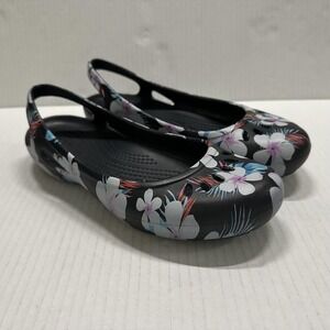 Crocs Kadee Slingback Flat Shoes Womens Size 7 Black Floral Comfort Lightweight